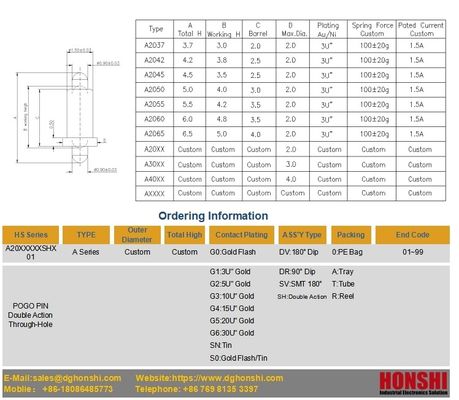 PCB Double Type Spring Loaded Pogo Pin Electrical Contacts With 10000 Cycle Life